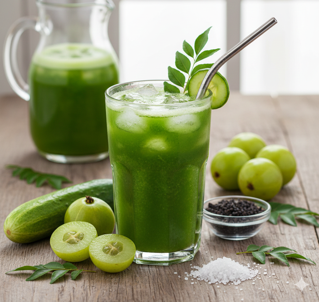 Cucumber Curry Leaves Amla Jeera Blacksalt Juice