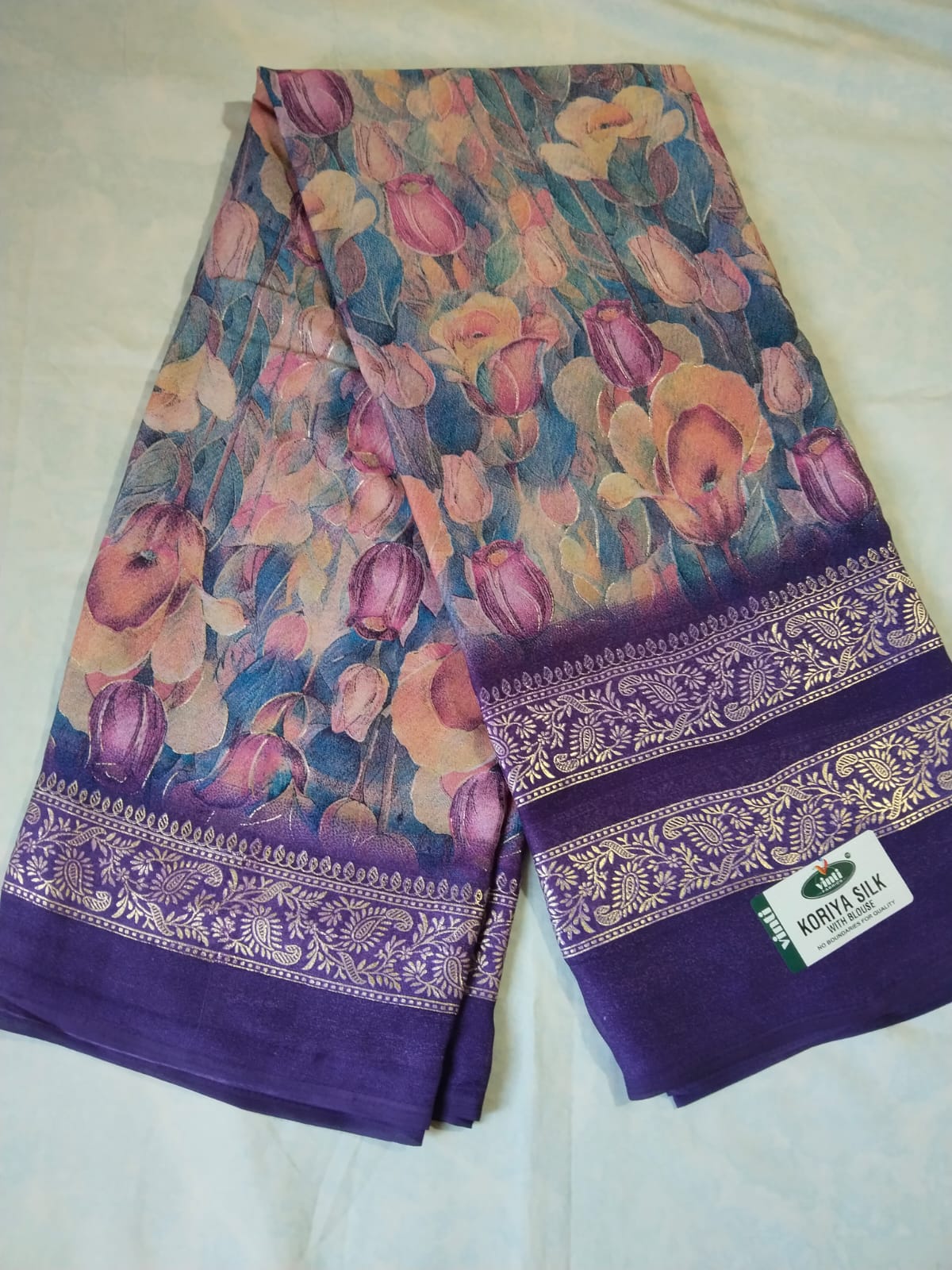 Digital Print Saree with Zari Border blue saree