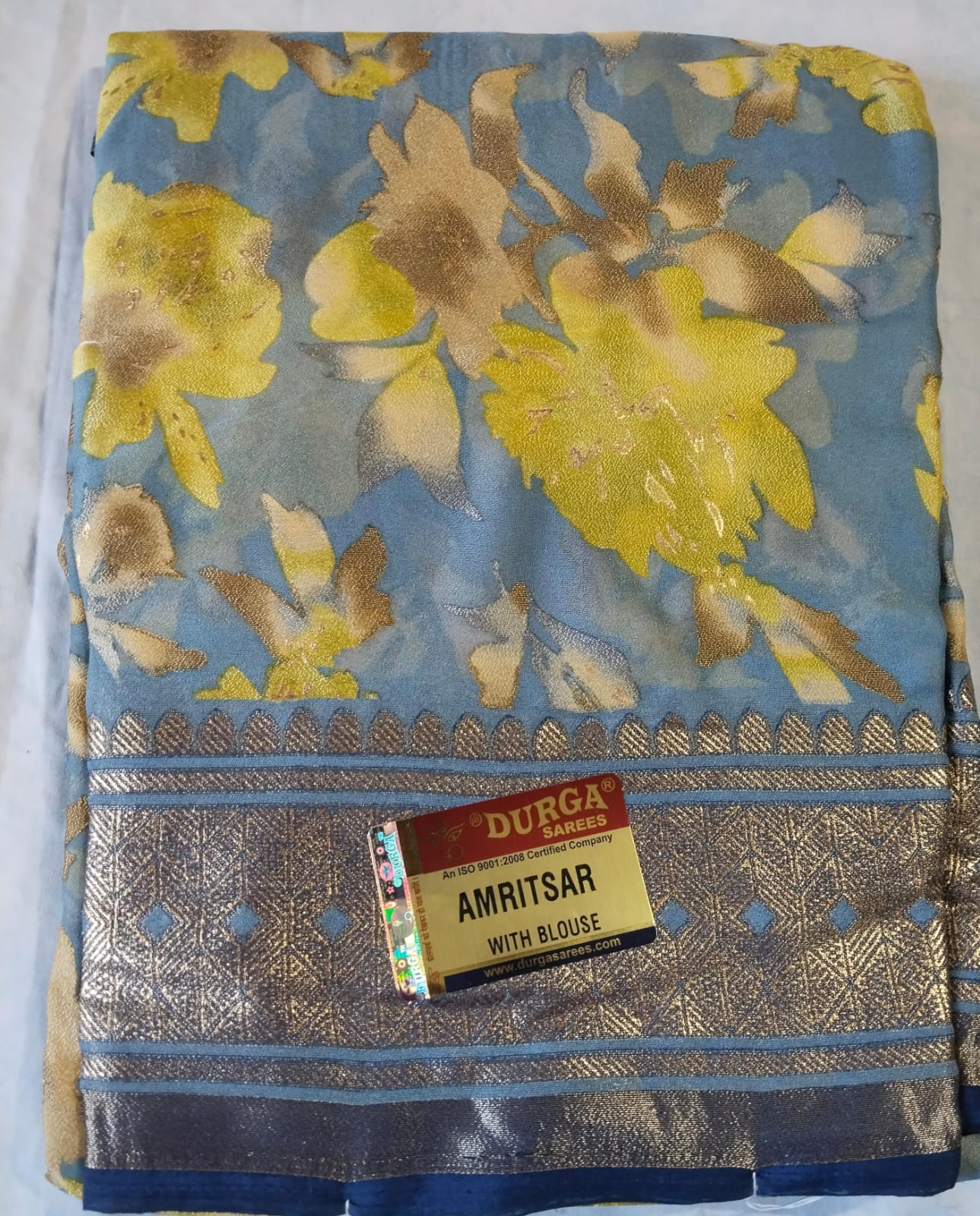 Mustard Yellow Purple Floral Print Saree