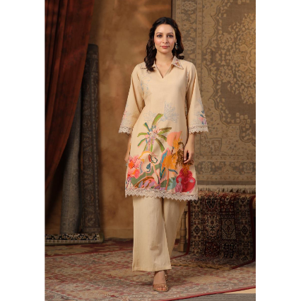 Women collar work floral printed kurta set