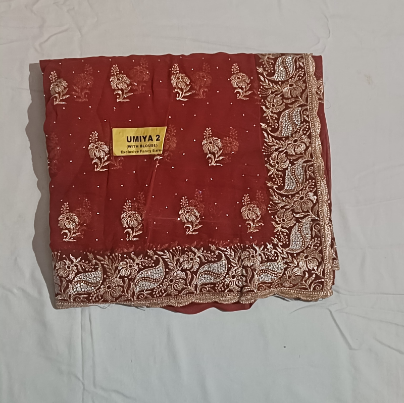 Red color Embroidery work saree