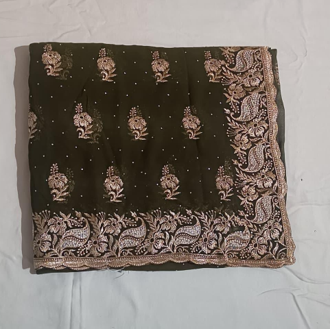 Mehndi color stone embroidery work saree