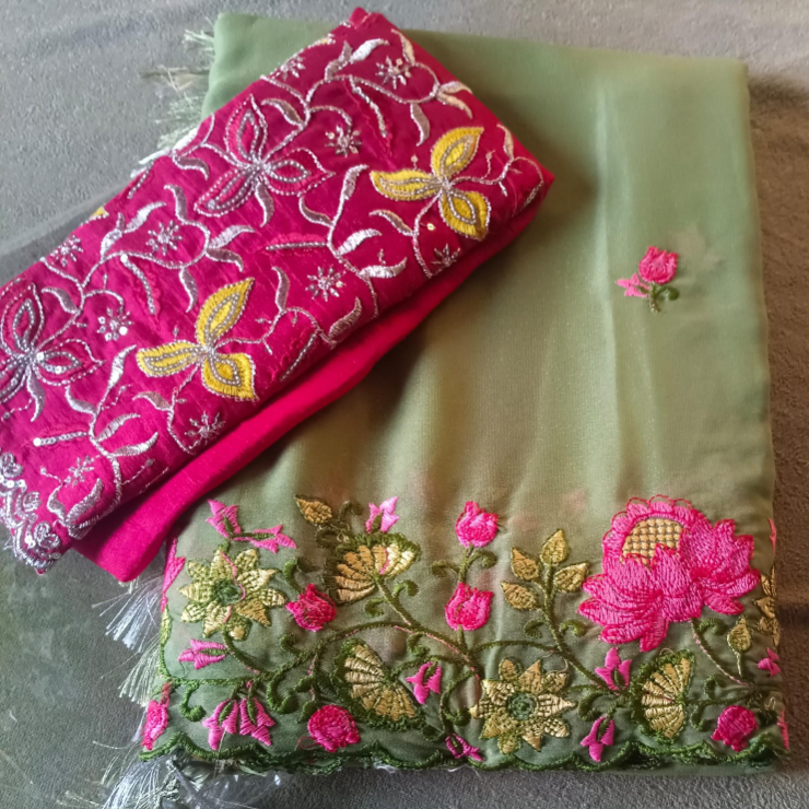 Embroidery work green color saree