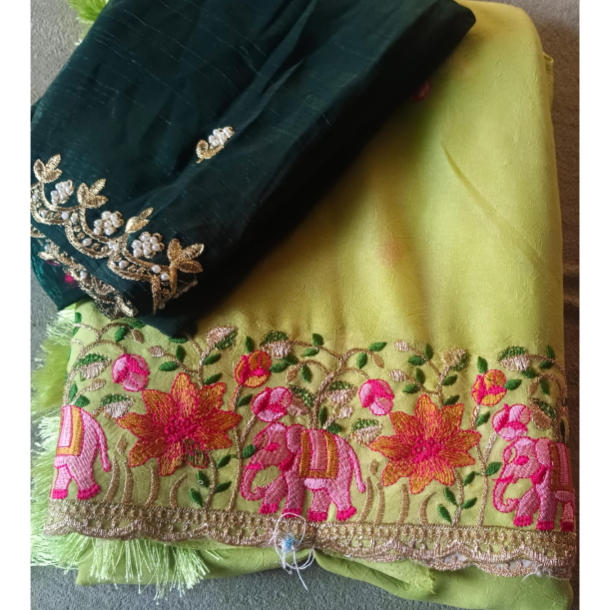 Parrot Green embroidery saree