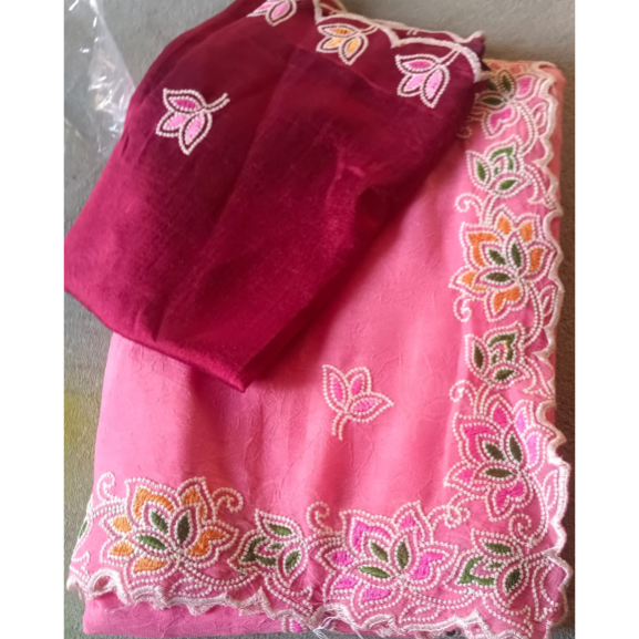 Pink embroidery work soft cloth saree