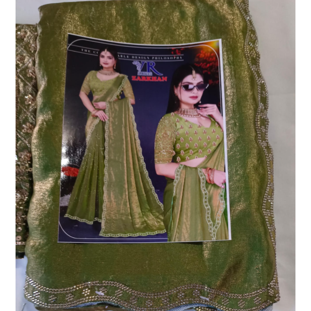 Green color cut work saree