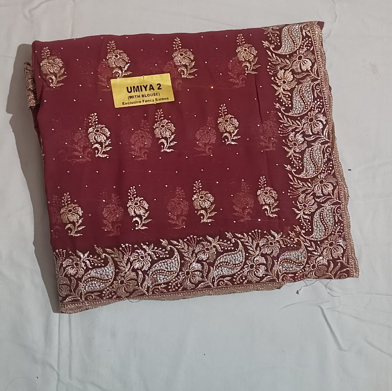 marron embroidery work saree