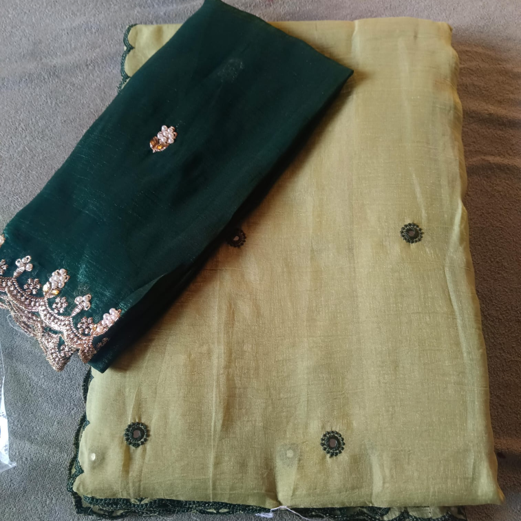 yellow embroidery work saree
