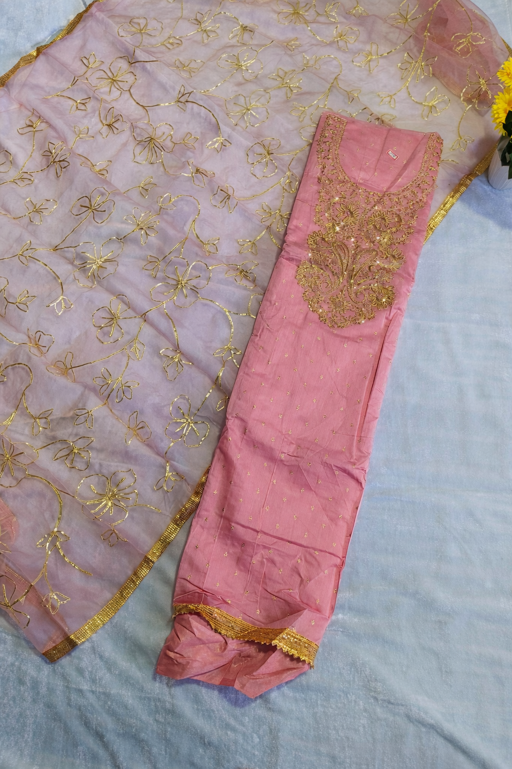 Blush Pink Golden Floral Designer Dress Set