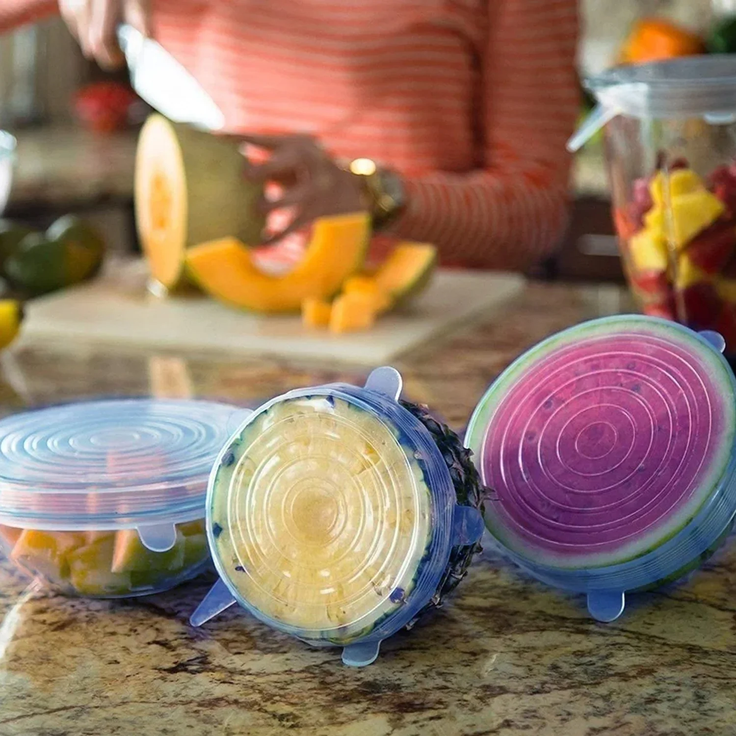 Silicon Stretch Lids Caps Set of 6 with 1 Free Food Pouch