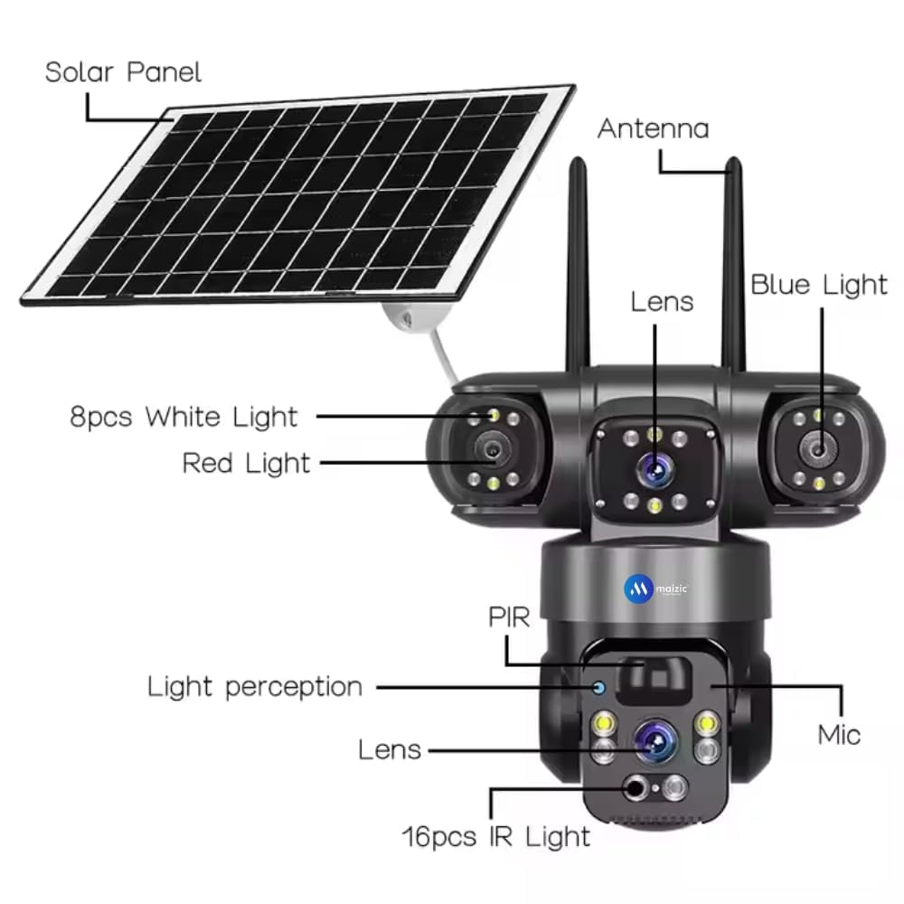 Smarthome Batman Solar 4G SIM CCTV Camera 5MP*3 (Triple Lens) Outdoor Security Camera | 3 Screen View, Color Night Vision, Two-Way Audio, AI Human Motion Detection (Black, Batman Solar 4g)