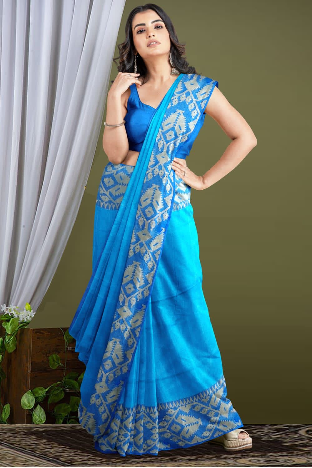 Handloom Khadi Cotton Saree – Blue Ikkat Style | Pure Handloom Cotton Saree