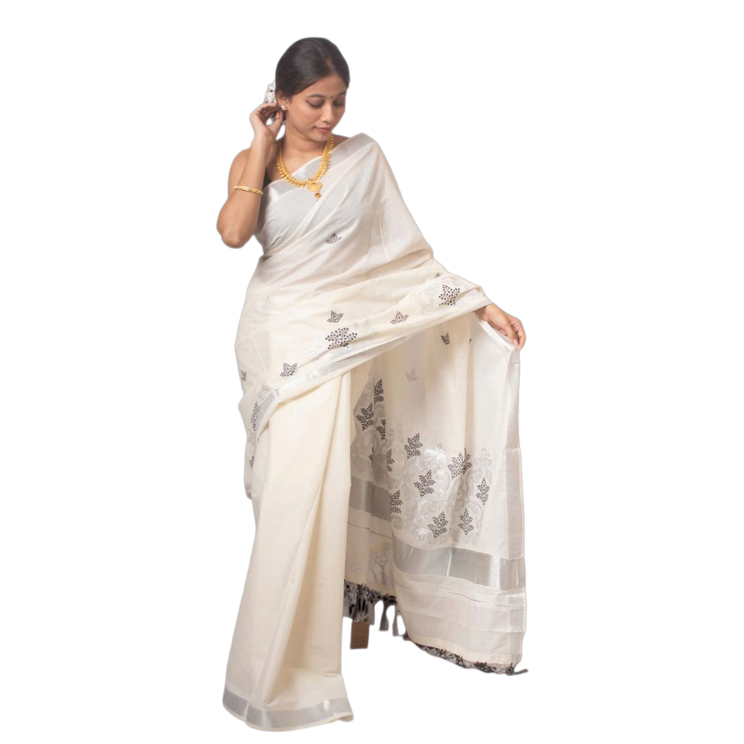Kerala Handloom Cotton Saree with Silver Zari