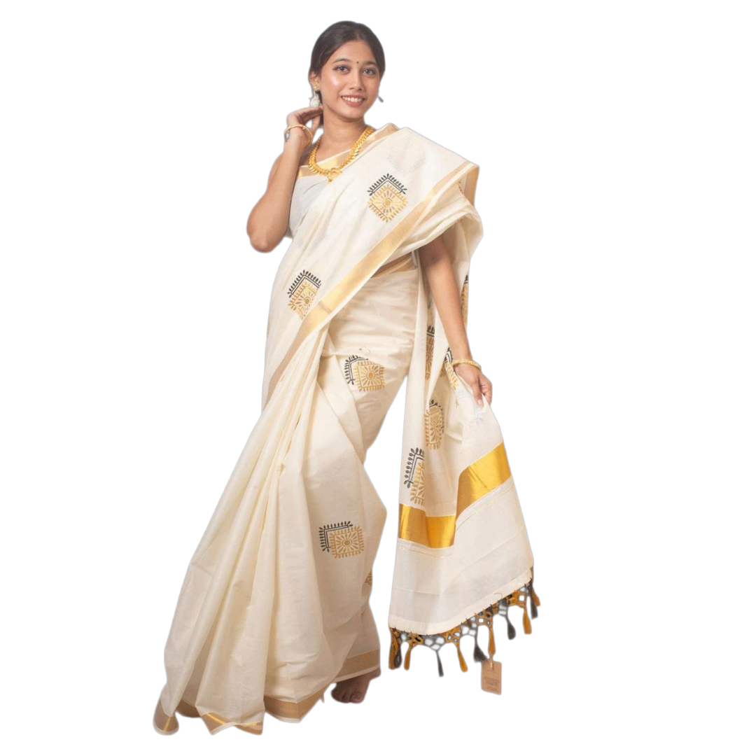 Kerala Handloom Cotton Saree with Gold Zari Motifs