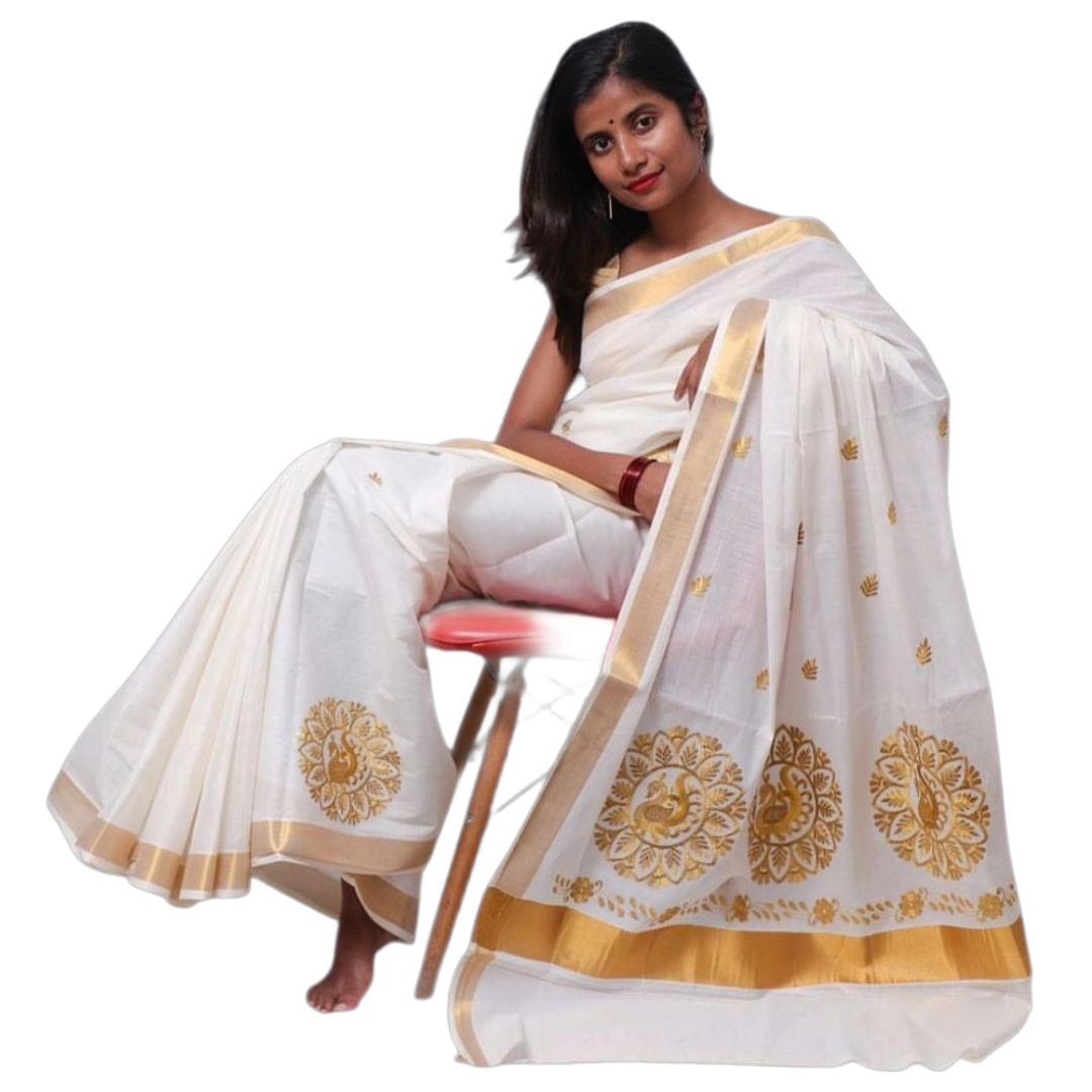 Kerala Handloom Cotton Saree with Peacock Motif & Gold Zari