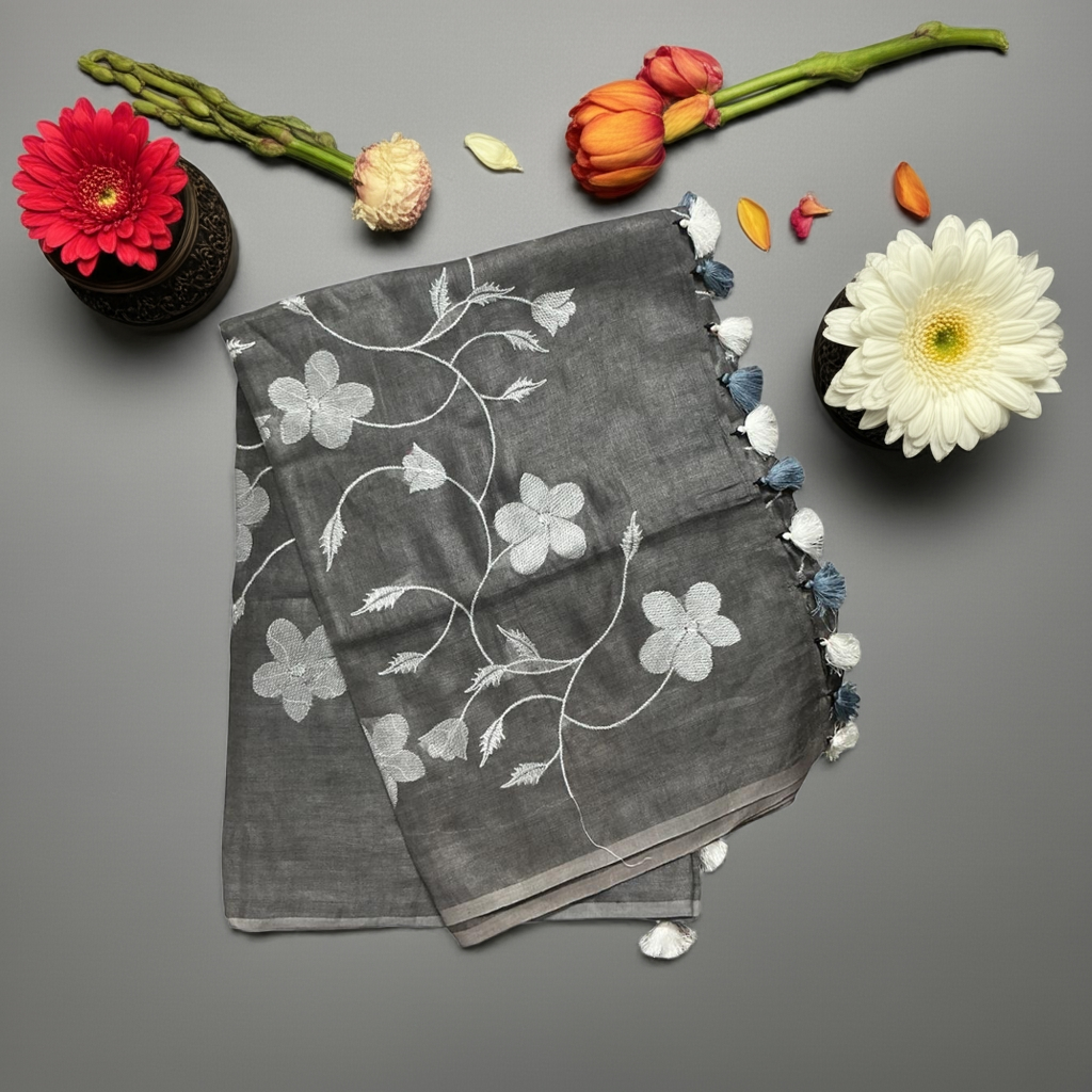 Pure handloom linen Gray saree with chikankari embroidery