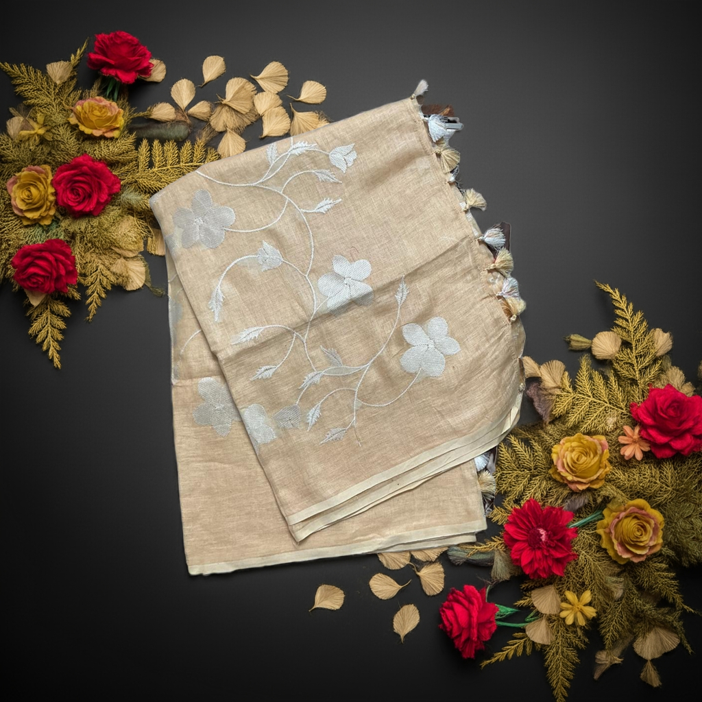 Pure handloom linen Peach saree with chikankari embroidery