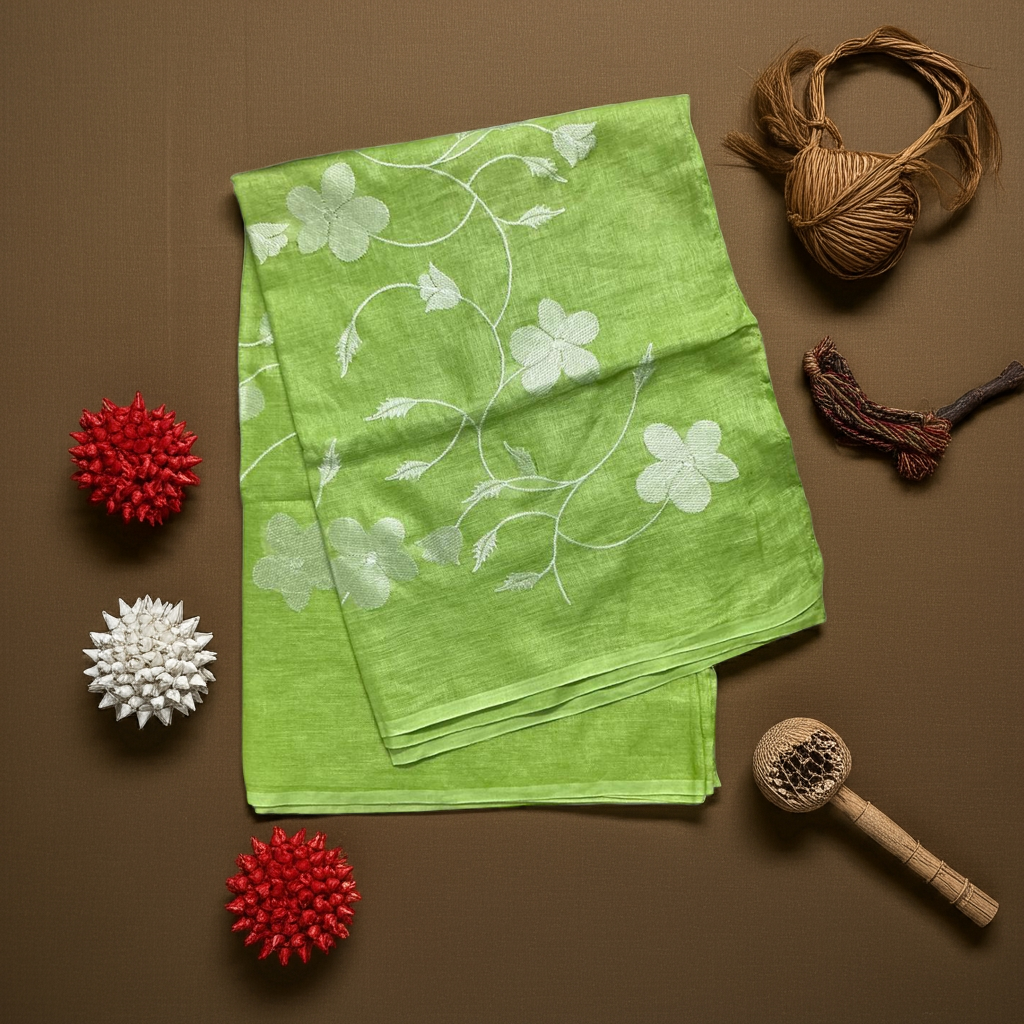 Pure handloom linen Light Green saree with chikankari embroidery