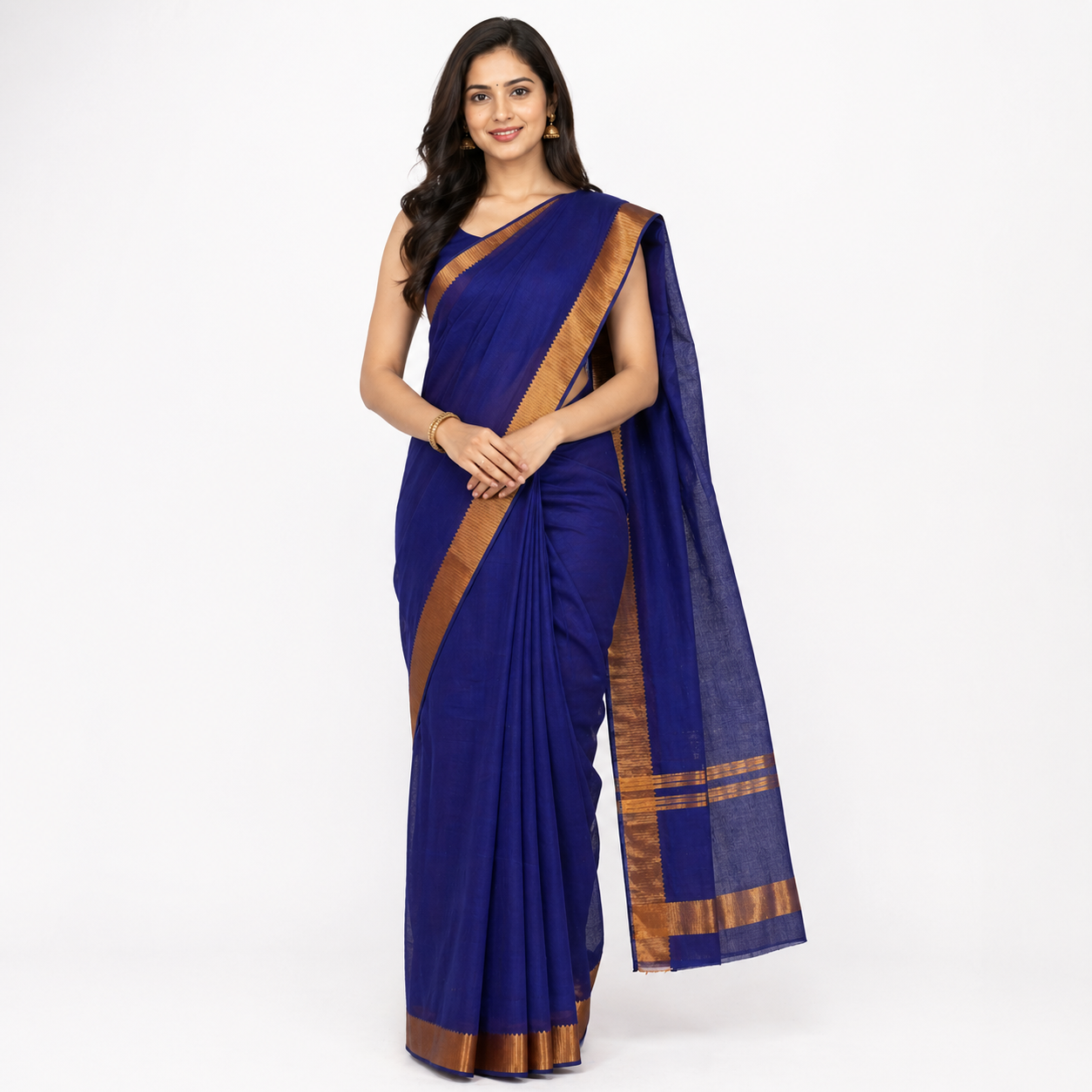 Mangalagiri Handloom Cotton Saree Navy Blue with Small Zari Border