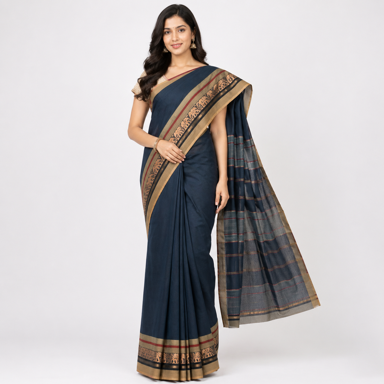 Chettinad Handloom Cotton Saree Navy Blue with Traditional Border