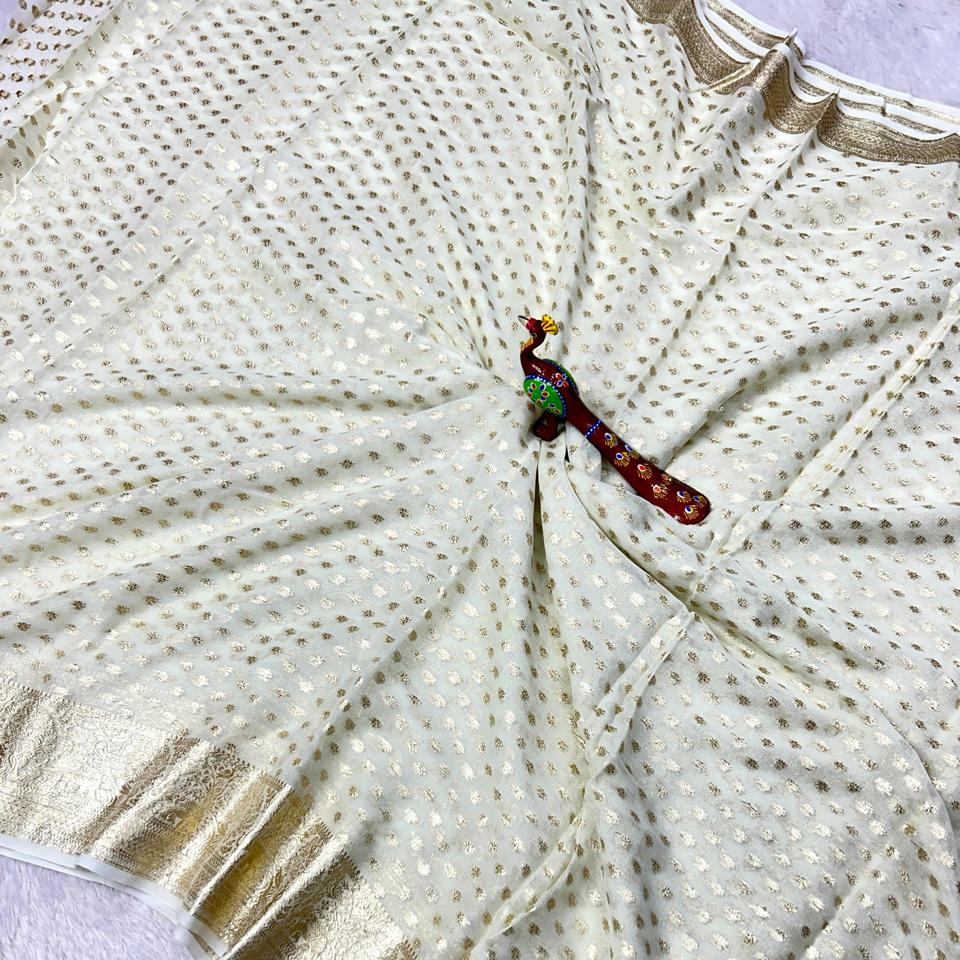 Cream Banarasi Handloom Saree with Zari Buttas