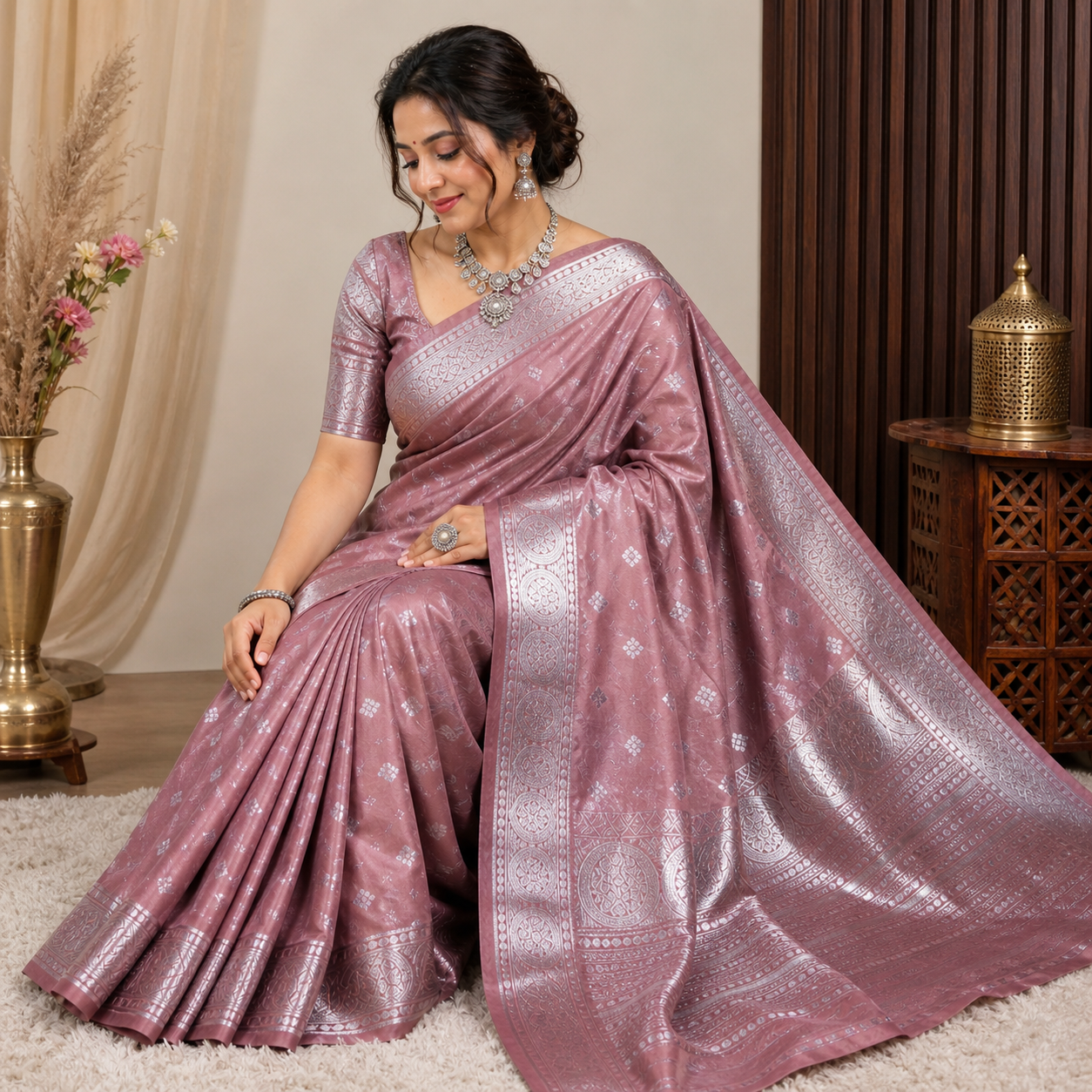 Rusty Pink Rose Saree with Copper Zari Weaving | Karizma Fancy Buta Saree