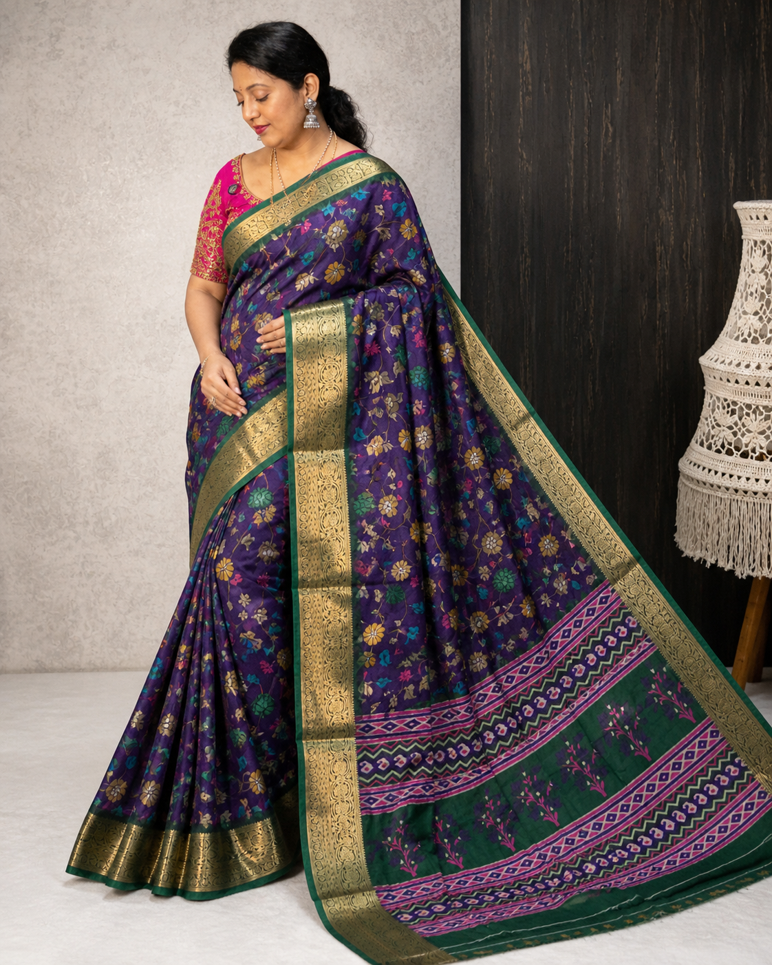 Purple Soft Kalamkari Silk Saree with Green & Gold Zari Border | Traditional Designer Saree for Women