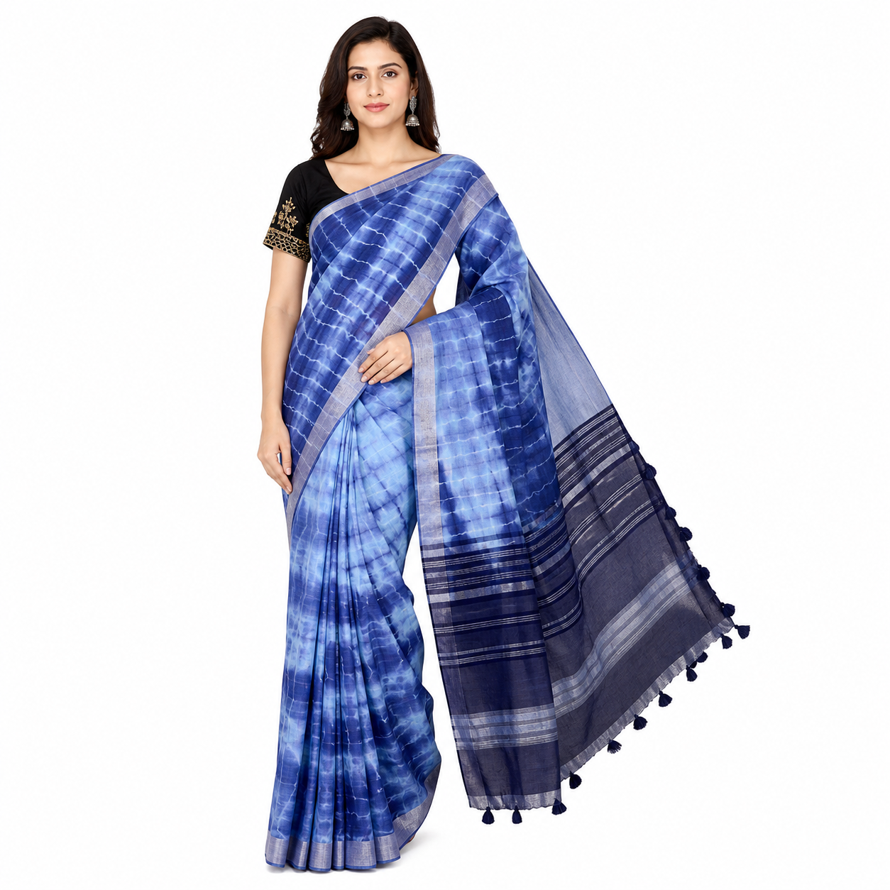 Blue & Navy Blue Shibori Print Cotton Saree with Tassel Pallu | Handloom Style Designer Saree for Women