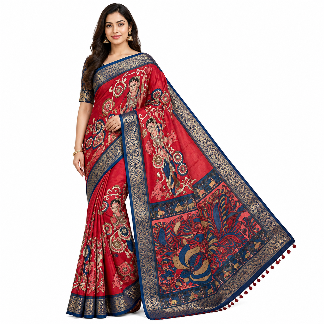Red Soft Kalamkari Silk Saree with Contrast Blue Border | Traditional Printed Designer Saree for Women
