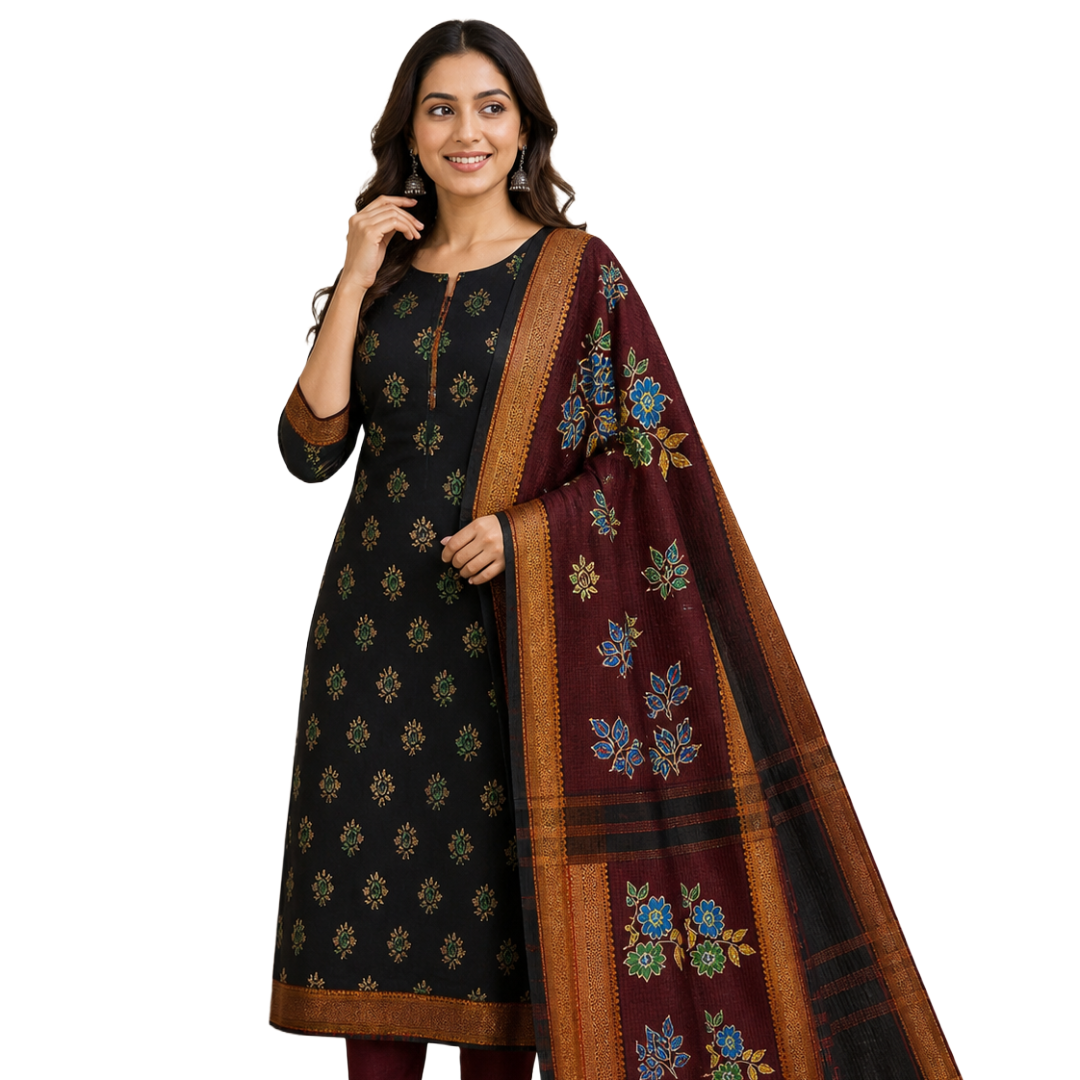 Black & Maroon Mangalagiri Pure Cotton Dress Material Set | Printed Handloom Cotton Unstitched Salwar Suit with Dupatta