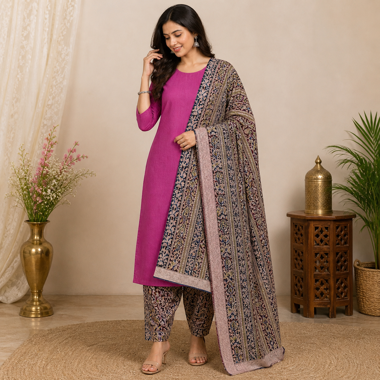 Mangalagiri Cotton Dress Material Set with Pink Plain Top & Printed Dupatta | Handloom Salwar Suit for Women