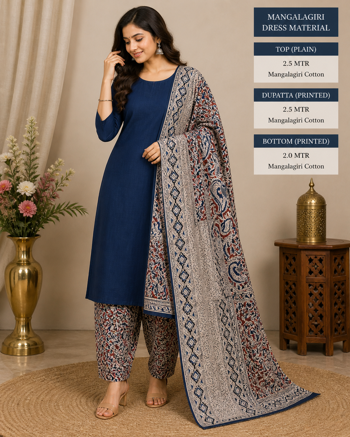 Mangalagiri Cotton Dress Material Set with Navy Blue Plain Top & Printed Dupatta | Handloom Salwar Suit for Women