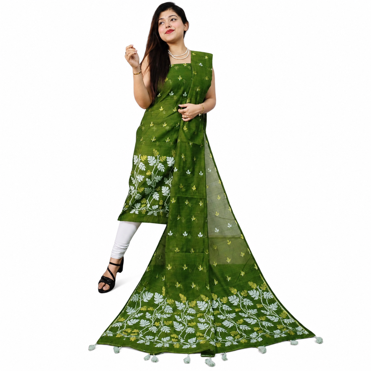 Green Resham Silk Dress Material with Designer Dupatta | Elegant Ethnic Top & Dupatta Set for Women