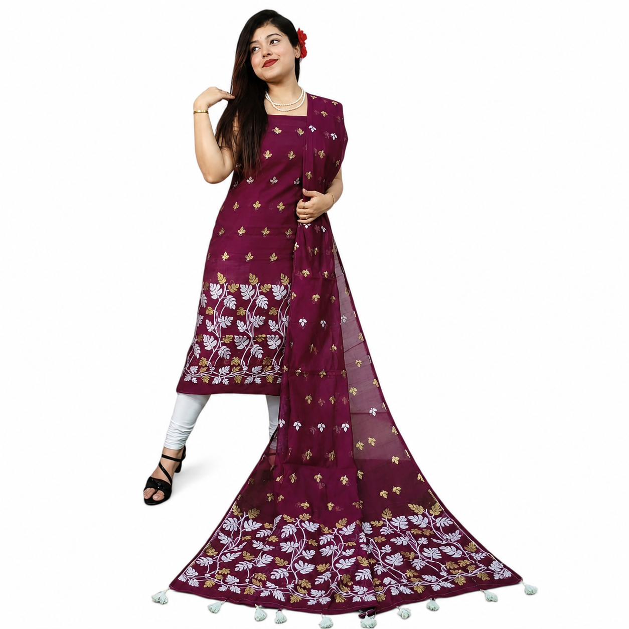 Maroon Resham Silk Dress Material with Designer Dupatta | Elegant Ethnic Top & Dupatta Set for Women