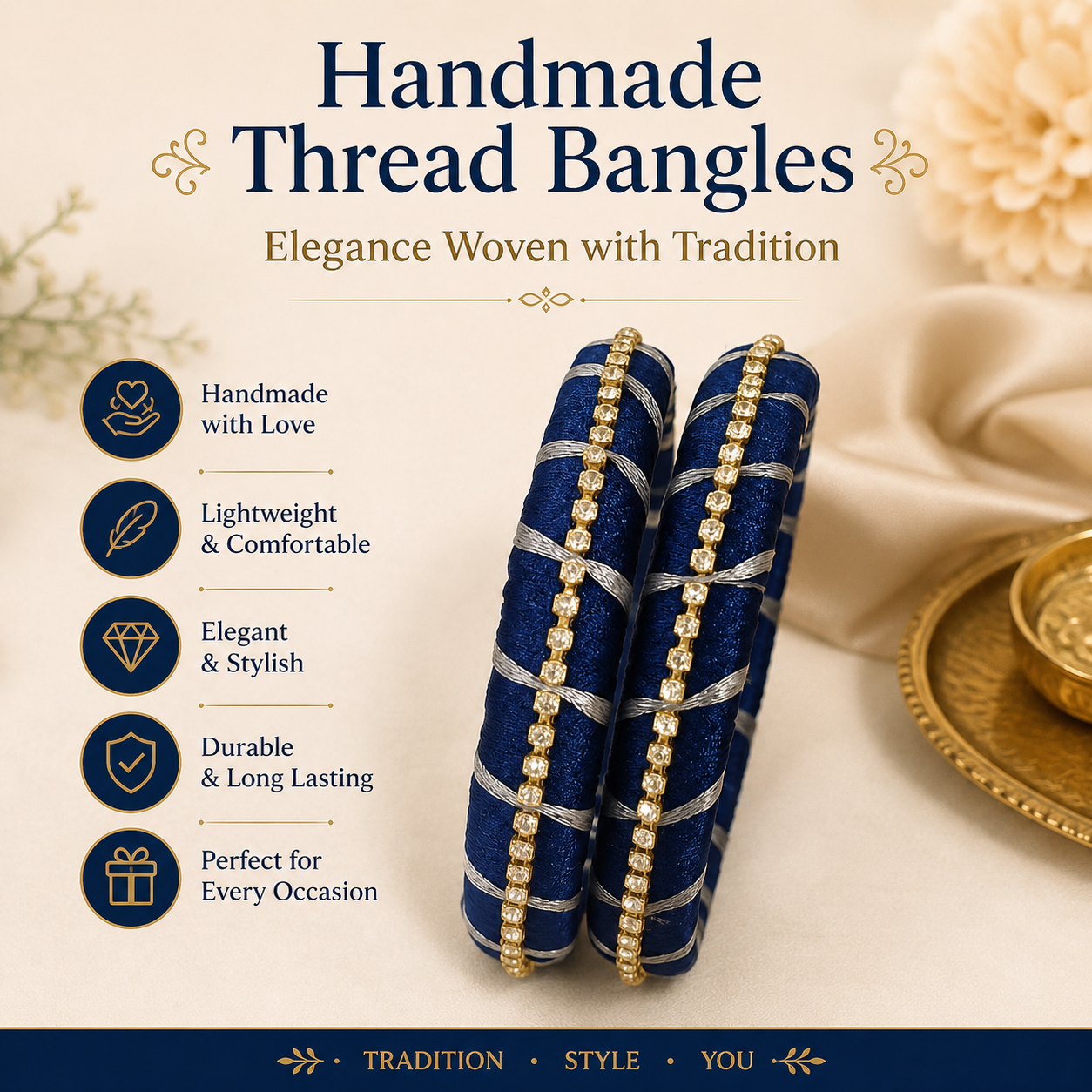 Custom Quality Silk Thread Bangles with stone work -Royal Blue color