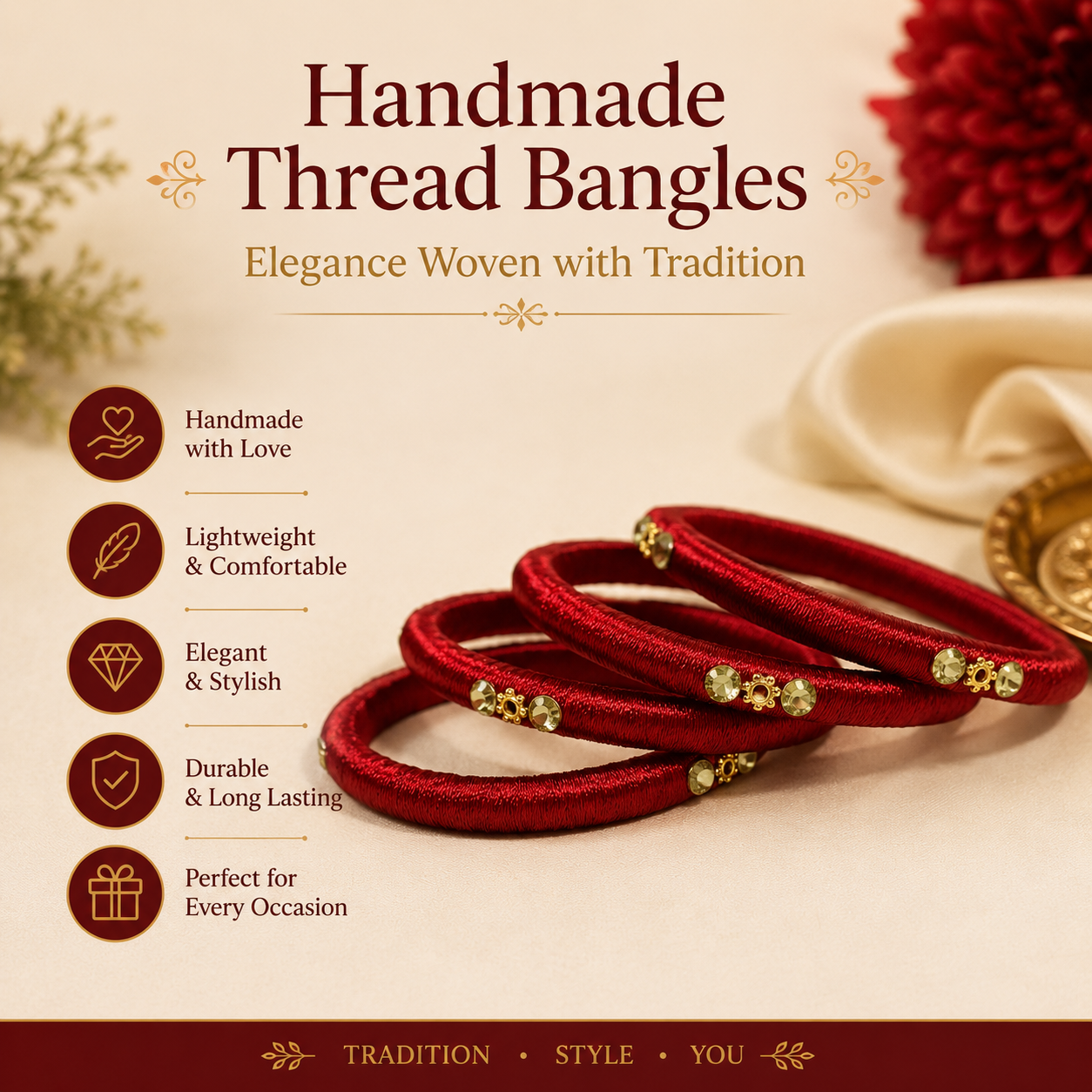 Custom Thread work Red Bangles for wedding Festival and Traditional Events