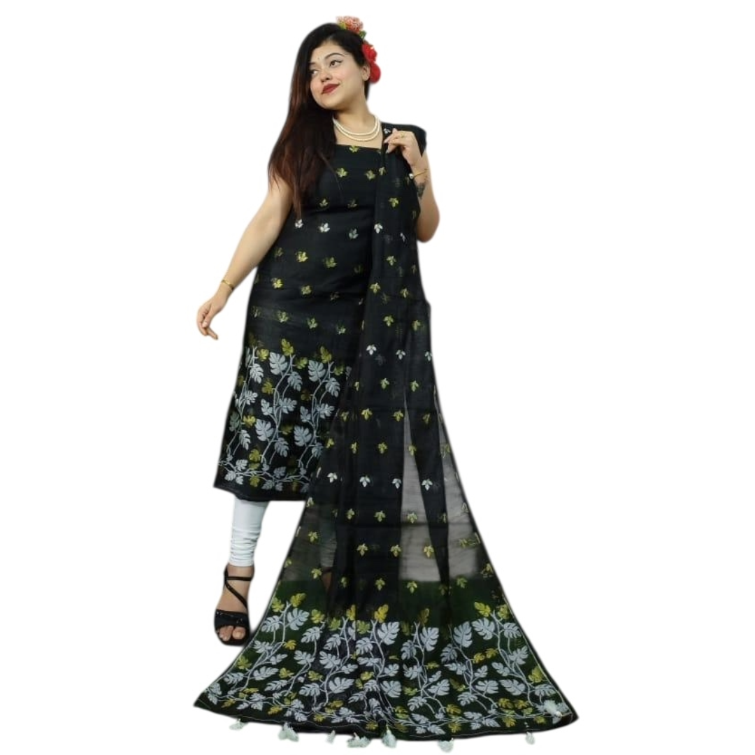 Black Resham Silk Dress Material with Designer Dupatta | Elegant Ethnic Top & Dupatta Set for Women