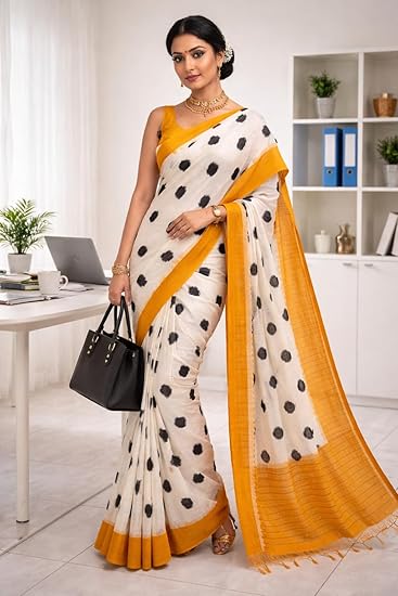 Polka Dots Ikat Cotton Saree, Half White with Orange Border, Contrast Pallu and Blouse