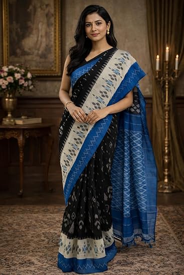 Double Ikat Cotton Saree, Blue and Black, Handloom Weave, Free Size, with Contrast Border and Pallu, 550cm Length