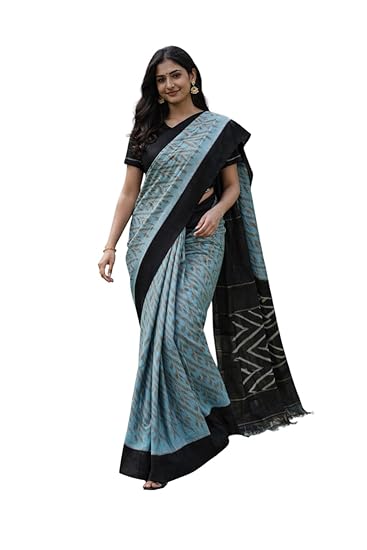 Double Ikat Cotton Saree for Women, Handloom Soft Cotton with Contrast Border and Pallu, Blue and Black, Lightweight Traditional Ethnic Wear