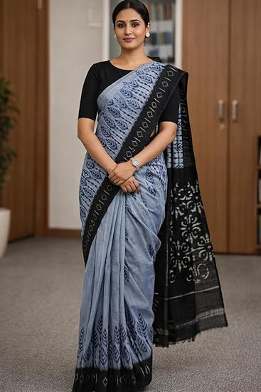 Women's Grey & Black Ikat Cotton Saree | Handloom Printed with Contrast Border & Pallu & Lightweight