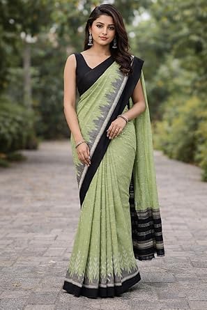 Handloom Ikat Cotton Saree with Contrast Border, Soft Lightweight Traditional Ethnic Wear, Green and Black