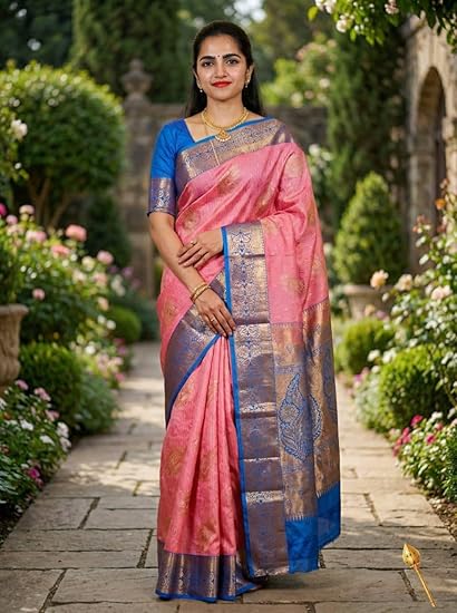 Kanchipuram Soft Silk Saree, Pink with Blue Border, Rich Pallu with Zari Work, Contrast Blouse, Free Size