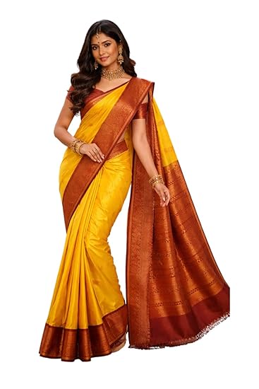 Kanchipuram Soft Silk Saree, Yellow with Maroon Border, Contrast Blouse, Rich Pallu, Lightweight