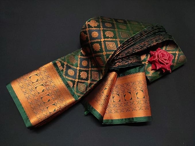 Brand: UJ Designs Kanchipuram Silk Saree, Bottle Green Color with Rich Pallu and Contrast Blouse