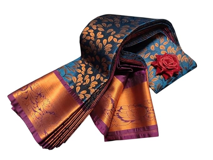 Kanchipuram Silk Saree, Blue with Bright Pink Border, Copper Zari Weaving