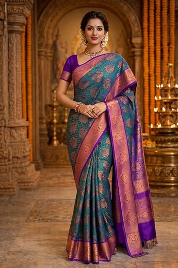Kanchipuram Silk Saree, Blue with Pink Border and Purple Accents, Traditional Zari Brocade Work