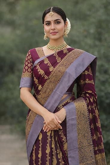 Kanchipuram Silk Saree with Zari Weaving, Maroon with Plain Border Mango Design, Rich Pallu and Blouse, Handloom