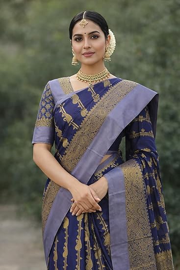 Kanchipuram Silk Saree with Zari Weaving, Royal Blue with Gold Border, Mango Design, Rich Pallu and Blouse