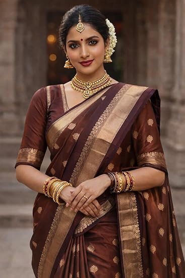 Chocolate Brown Chinia Pattu Saree with Gadwal Border, Traditional Silk Saree with Embroidered Motifs